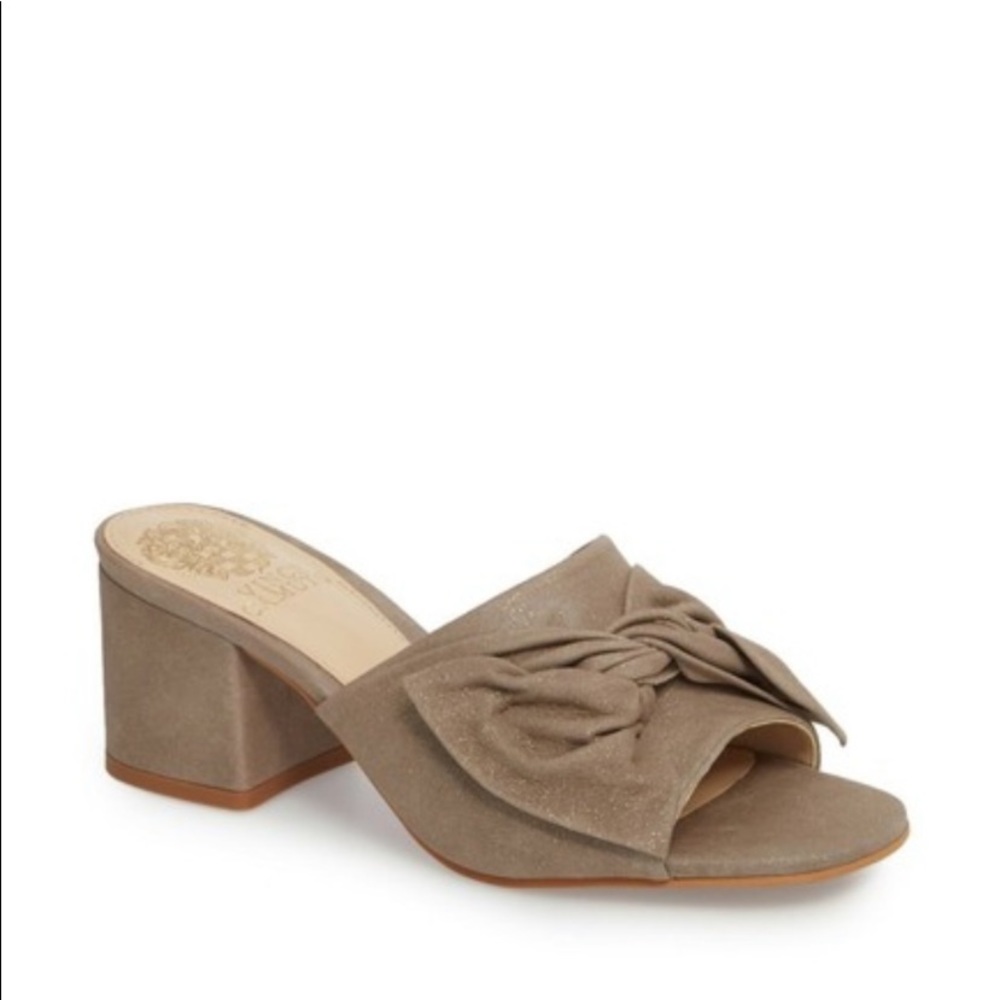 Vince Camuto Taupe Knotted Suede Block Heel Sandals